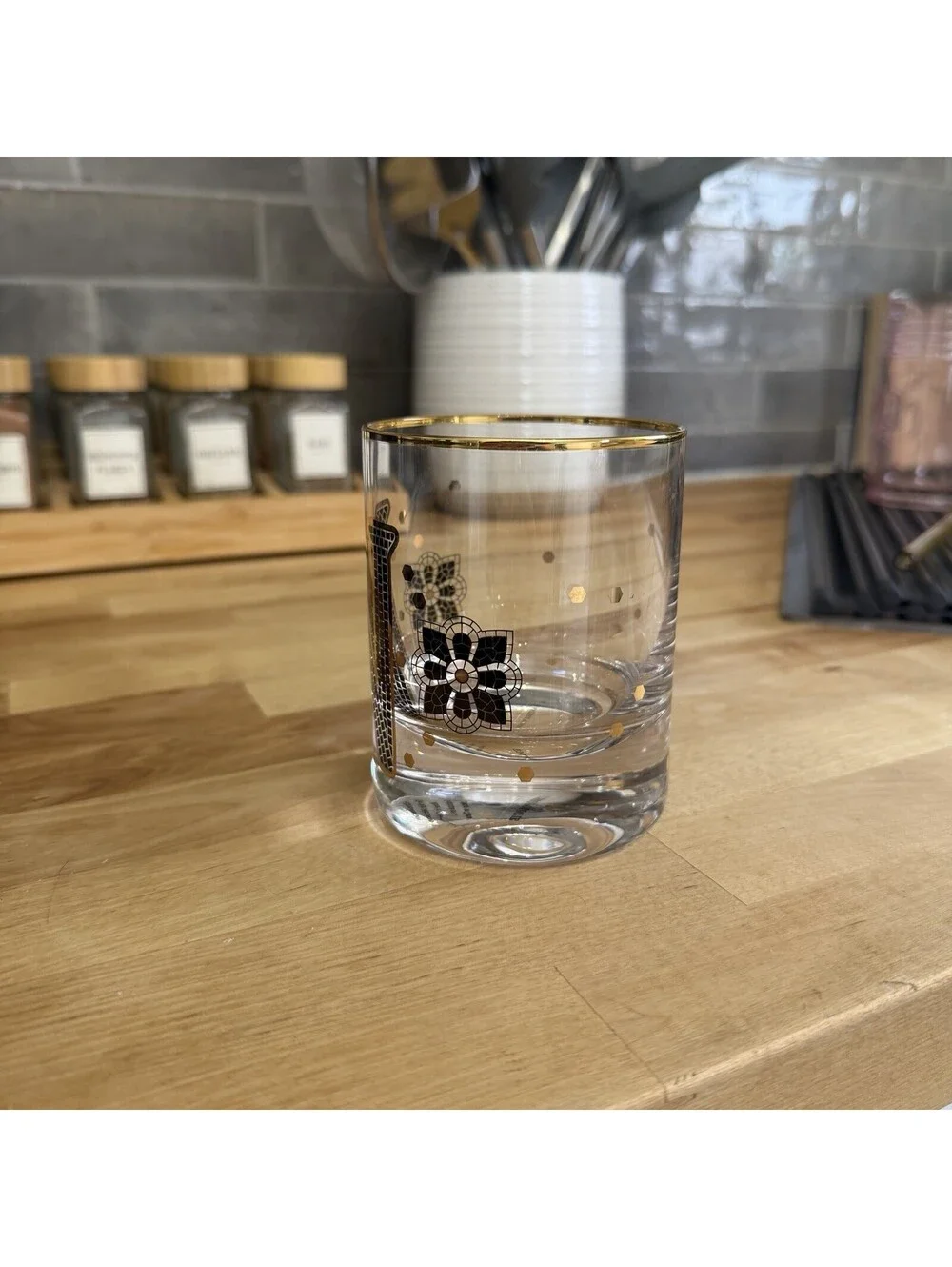 Anthropologie Bistro Tile Monogram Glass Tumbler Gold Rim Initial “N”Old Fashion
